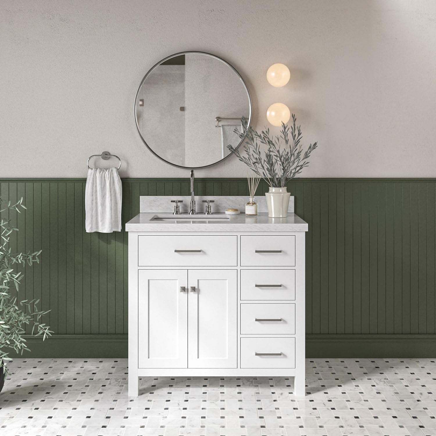 DKB Alenza 36-Inch White Bathroom Vanity with 1.5-Inch Edge Italian Carrara Marble Countertop & Backsplash, Rectangular Undermount Sink, 2 Soft Closing Doors, 4 Dovetail Drawers, Polished Chrome