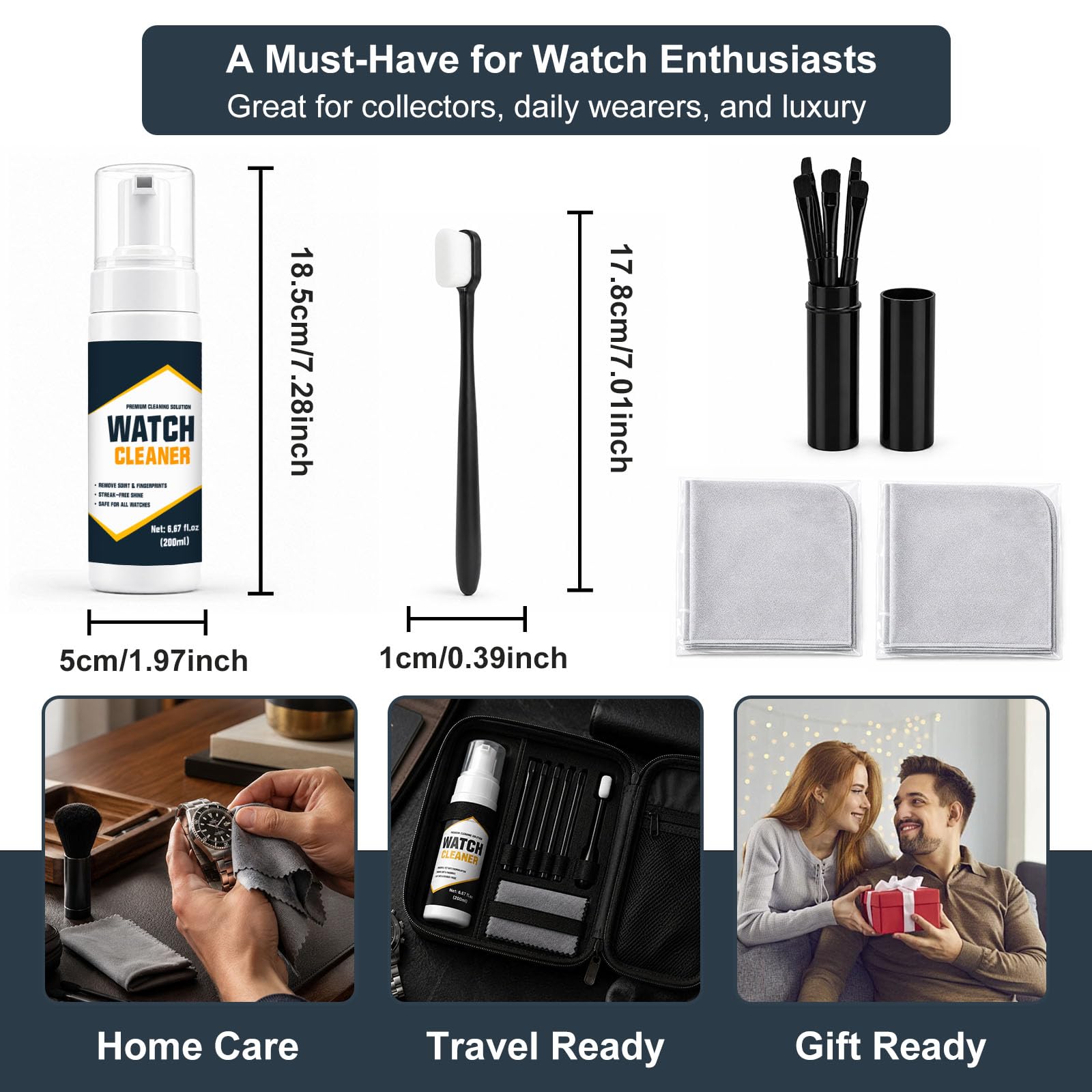 Kit di pulizia per orologi, formula delicata, rimuove sporco, impronte digitali e sudore in modo sicuro, set portatile con spray detergente per orologi e pennelli per uso domestico in viaggio