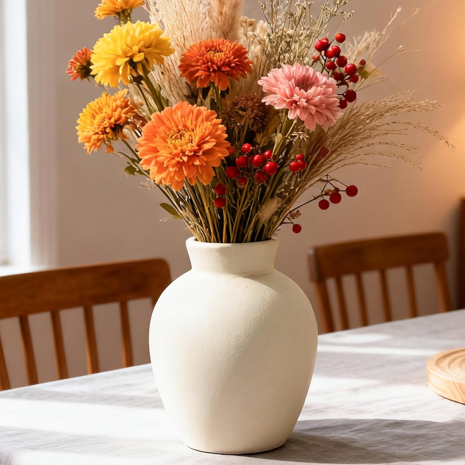 Ceramic Decorative Flower Vase | 6 Inch Pottery Rustic Farmhouse | Boho | Whitewashed Terracotta Vase for Home Decor, Table, Living Room, Bathroom, Shelf, Mantel Decoration, Terra, White - Image 3