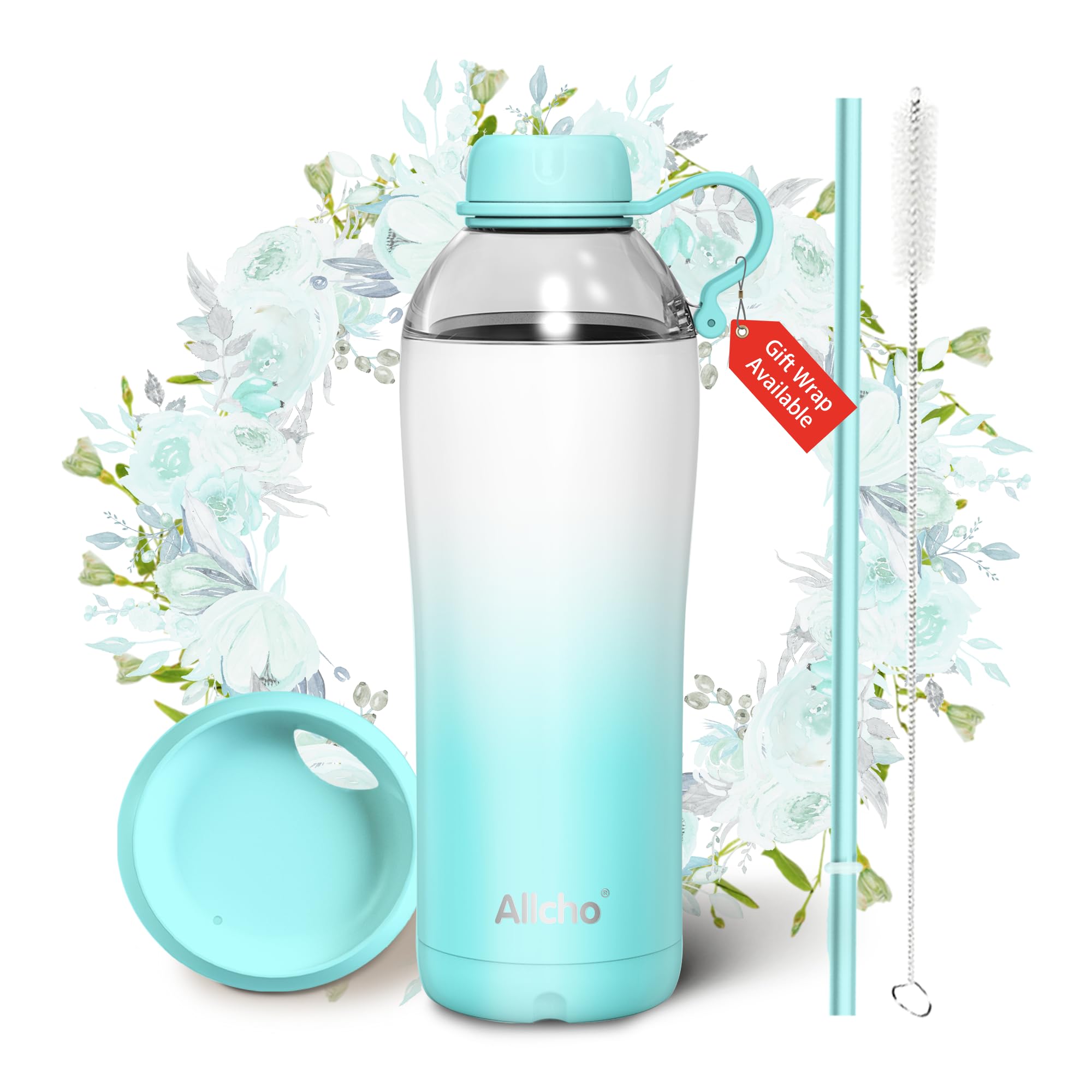 Allcho Insulated Water Bottle for Women, 18 oz Stainless Steel Water Bottles, Double Walled, 2 Lids (Chug & Tumbler) - Hydrate & Caffeinate, Gifts