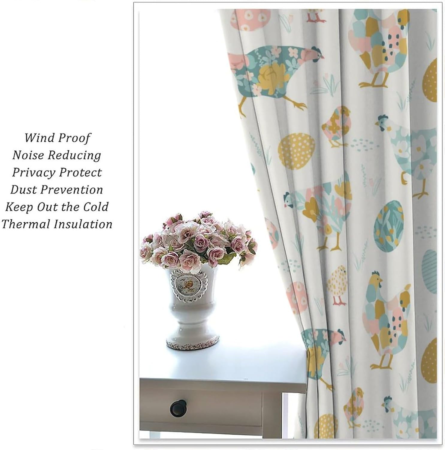 Pastoral Rooster Curtains, Rural Retro Farmhouse Green Yellow Art Floral Chicken Egg Pattern Home Decor Window Treatments, Blackout Rod Pocket Drapes For Living Room Bedroom Bathroom Kitchen 42x54in
