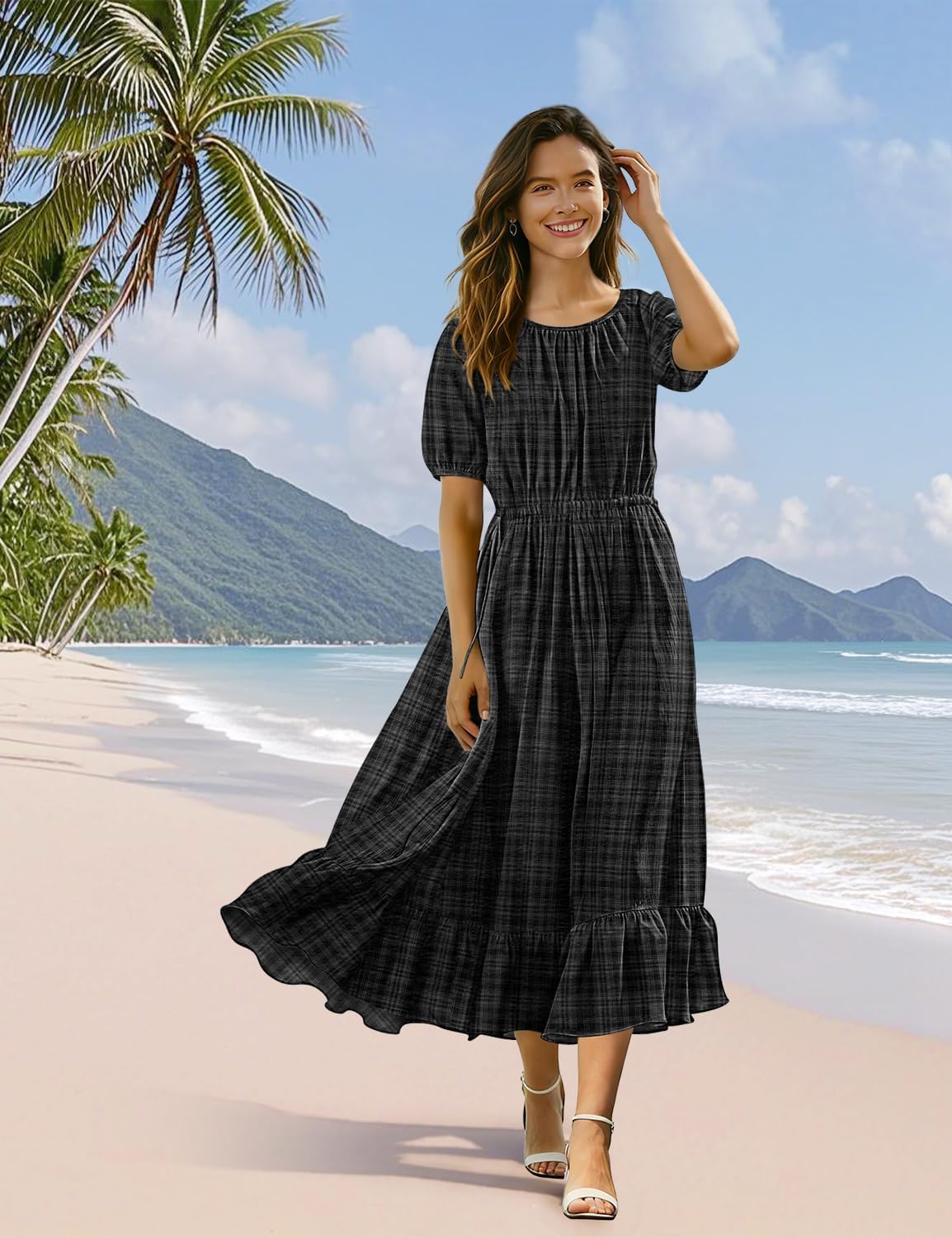 YESNO Women's Summer Floral Maxi Dresses Boho Puff Sleeve Casual Drawstring Ruffle Tiered Hem Beach Dress with Pockets ECS - Image 2