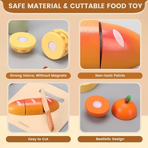 Miniatura 4 de Pithfor Juego de pícnic, juego de comida de madera para niños, cocina de corte, juguete de comida para niños y niñas de 1, 2, 3, 4, 5 años