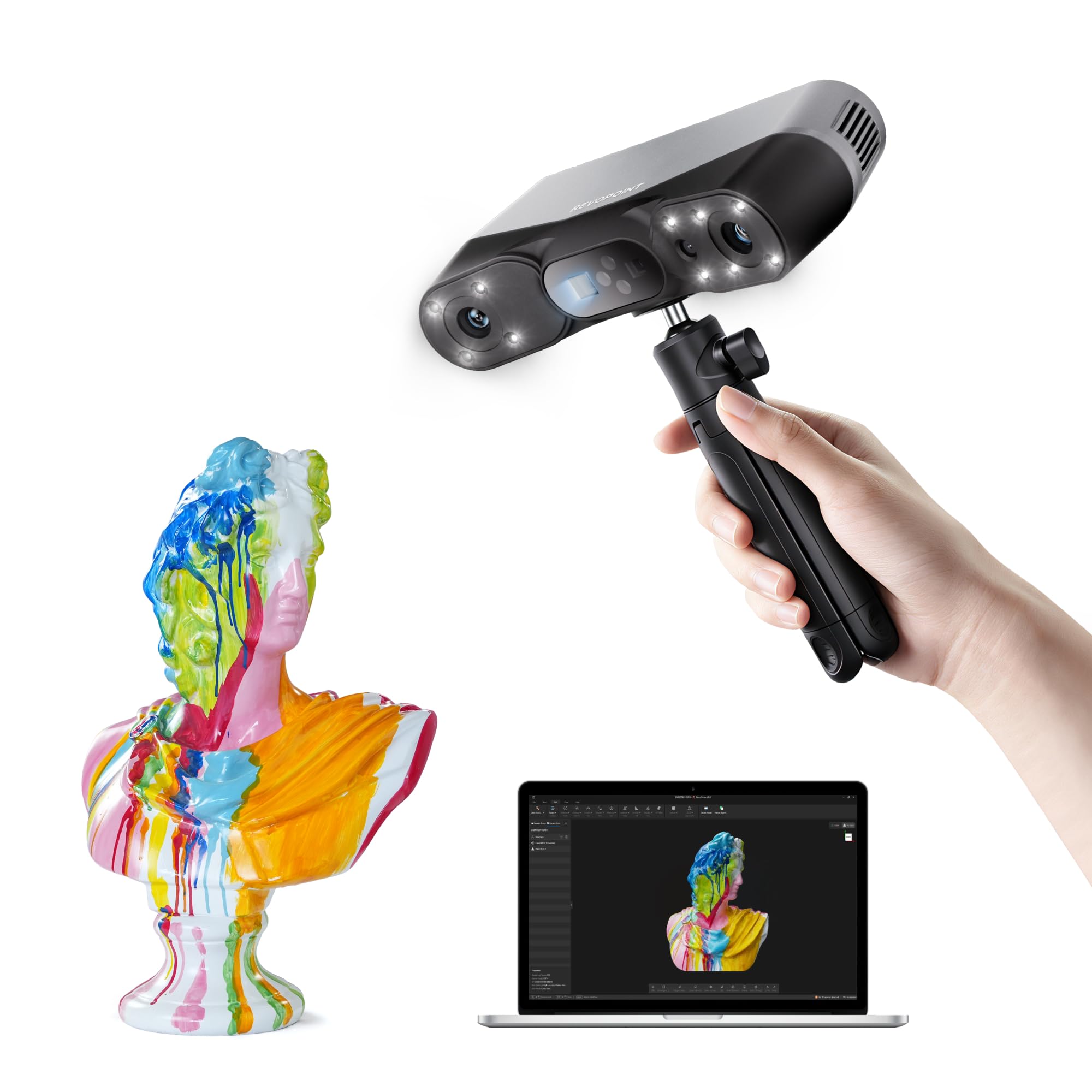 Revopoint Scanner 3D POP 4, laser blu,precisione 0,03 mm,105 fps, analisi AI e modellazione 3DGS, 5 modi di scansione, tracciamento anti-vibrazione, uso in esterna, WiFi 6, per stampa 3D, standard