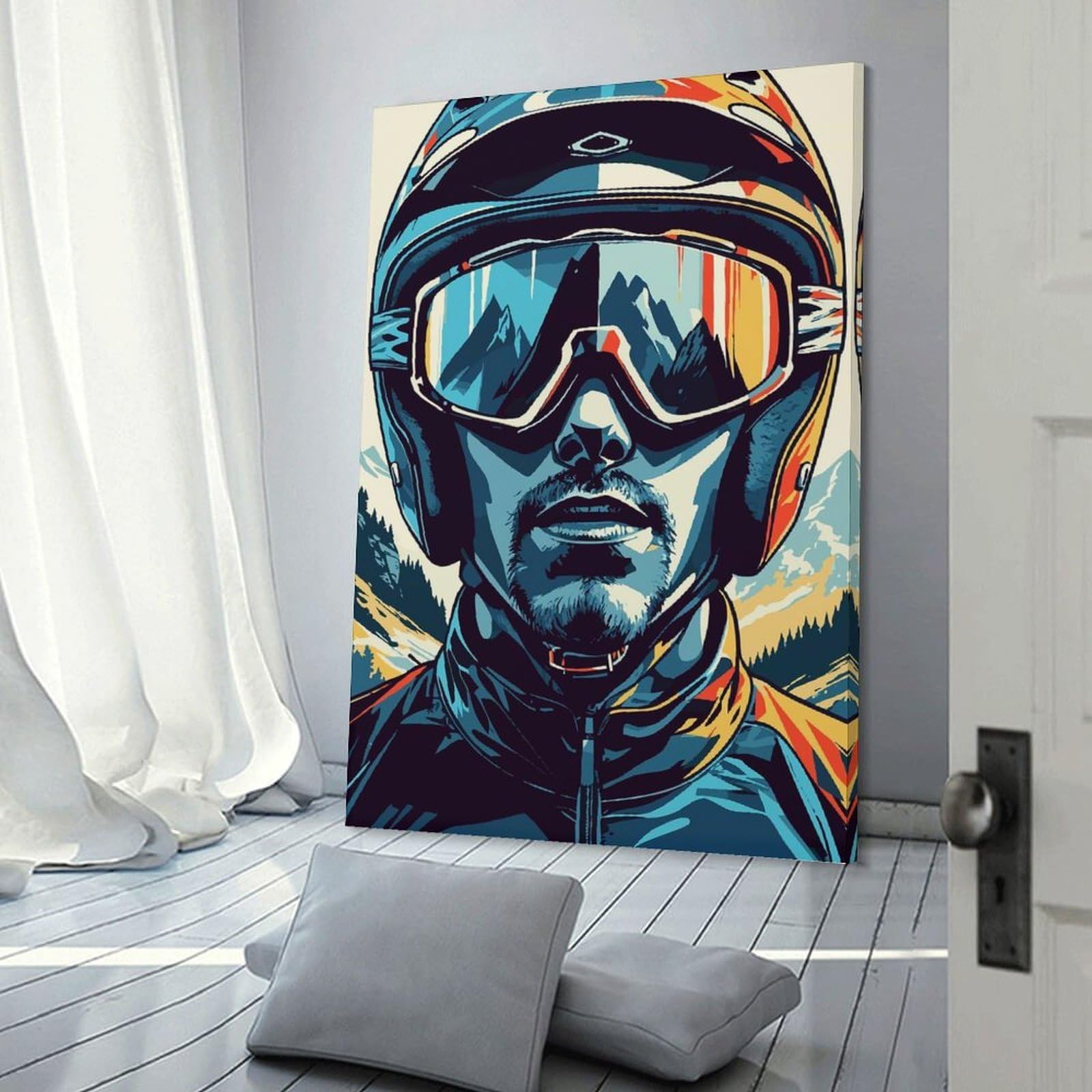 Junmoney Skier Portrait with Mountain Reflection Hanging Wall Art 24x36inch(60x90cm), for New Homes, Bedrooms Or Workspaces, Thoughtful Wall Decor for Art Lovers