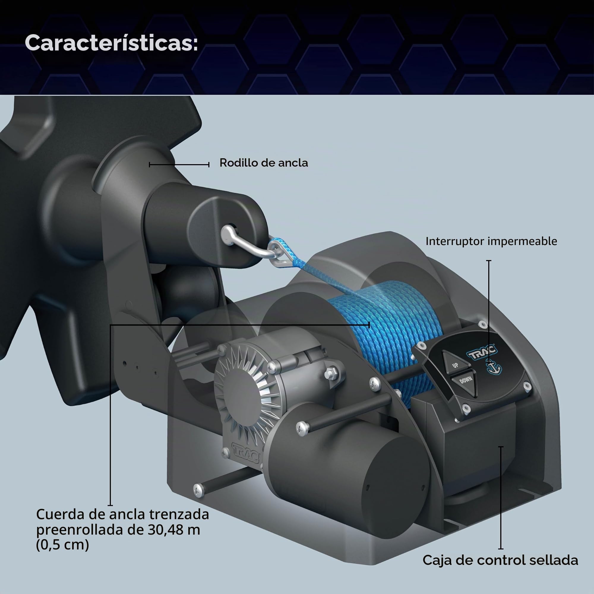 Camco, TRAC, 69003, Pontón de exterior 35-G3, cabrestante de anclaje eléctrico. Cuenta con un motor de engranaje de acero de alta eficiencia de 12 voltios de CC y 30,5 m de cuerda de anclaje de doble