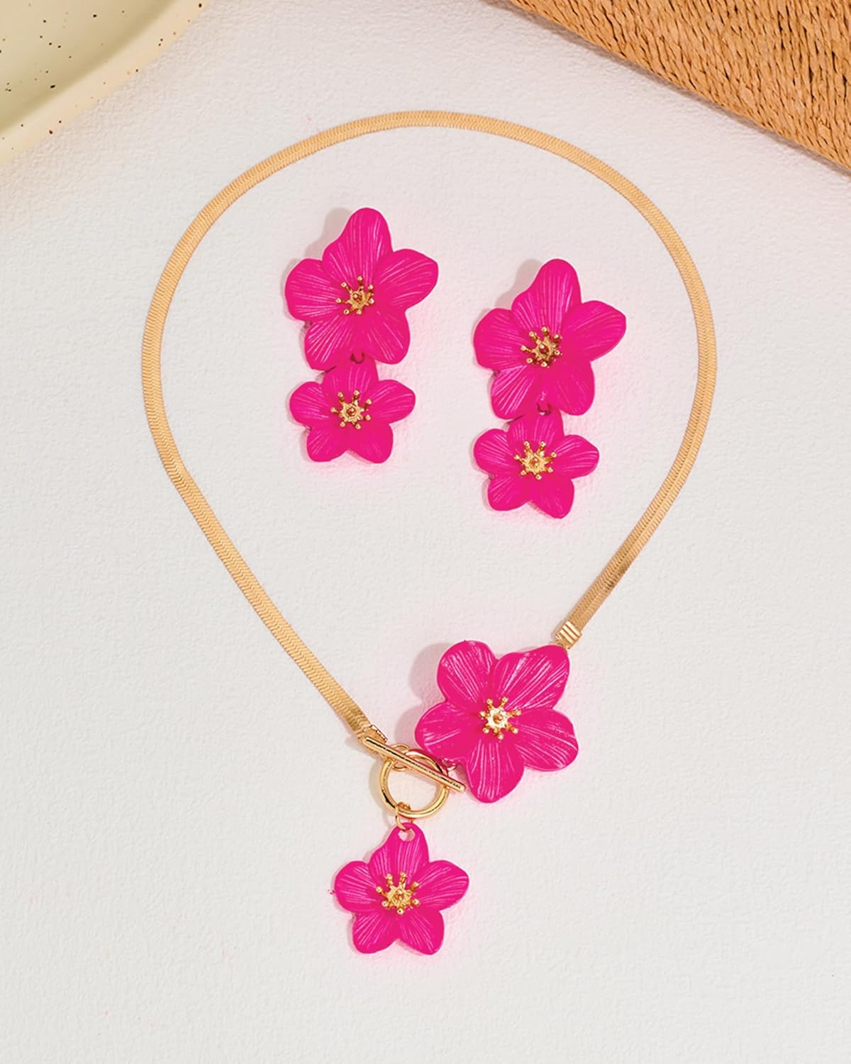 Hot Pink Flower Necklace Earrings Set Chic Pink Flower Pendant Toggle Clasp Necklace Layered Floral Petal Drop Earrings Hawaii Seaside Holiday Jewelry Accessories Gift for Her - Image 6
