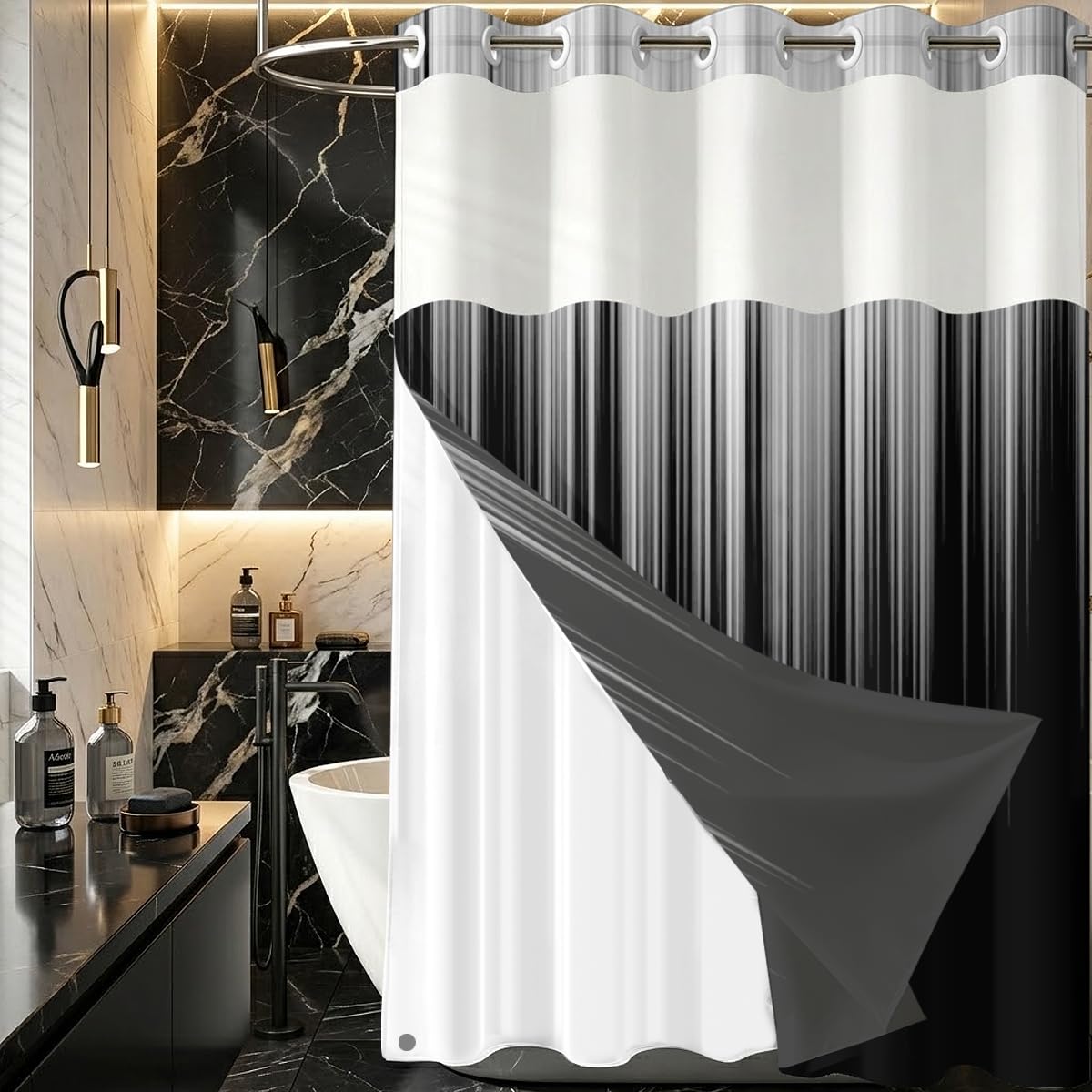 AAtter No Hook Shower Curtain Set, Black White Snap-in Liner, 72x75 Inch