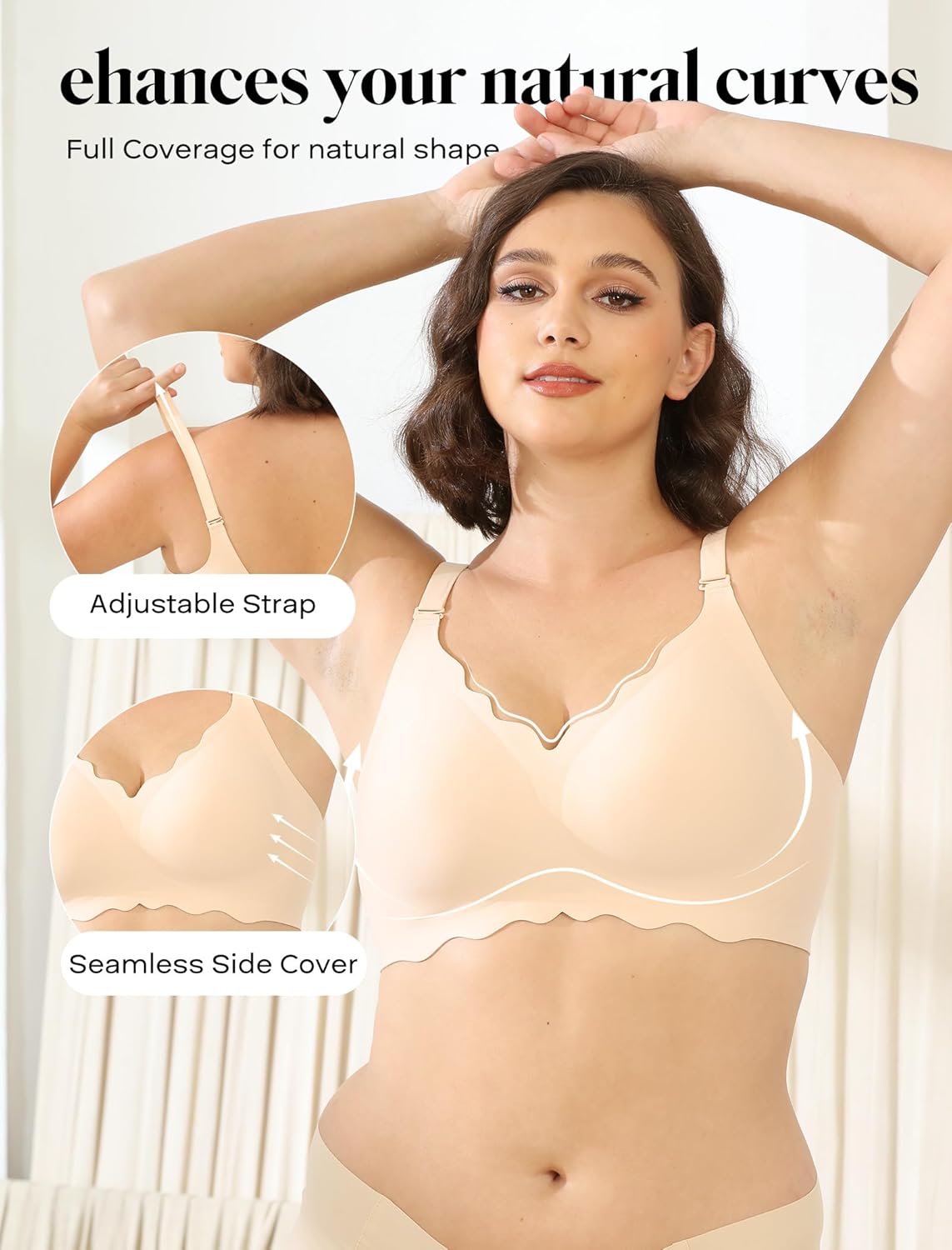 COMFELIE Seamless Wireless T-Shirt Bra for Women, Full Coverage No Underwire with Deep V Neck, U-Back & Lace Trim - Image 2