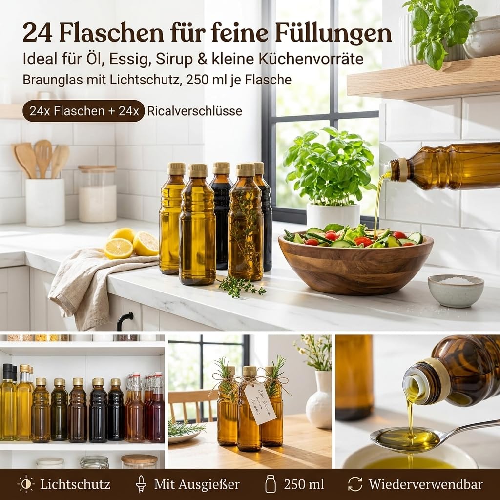 gouveo Set 24 bottiglie Rical in vetro da 250 ml con protezione antimanomissione e versatore - bottiglia vuota in vetro marrone per oli da cucina di alta qualità (RFR250G)