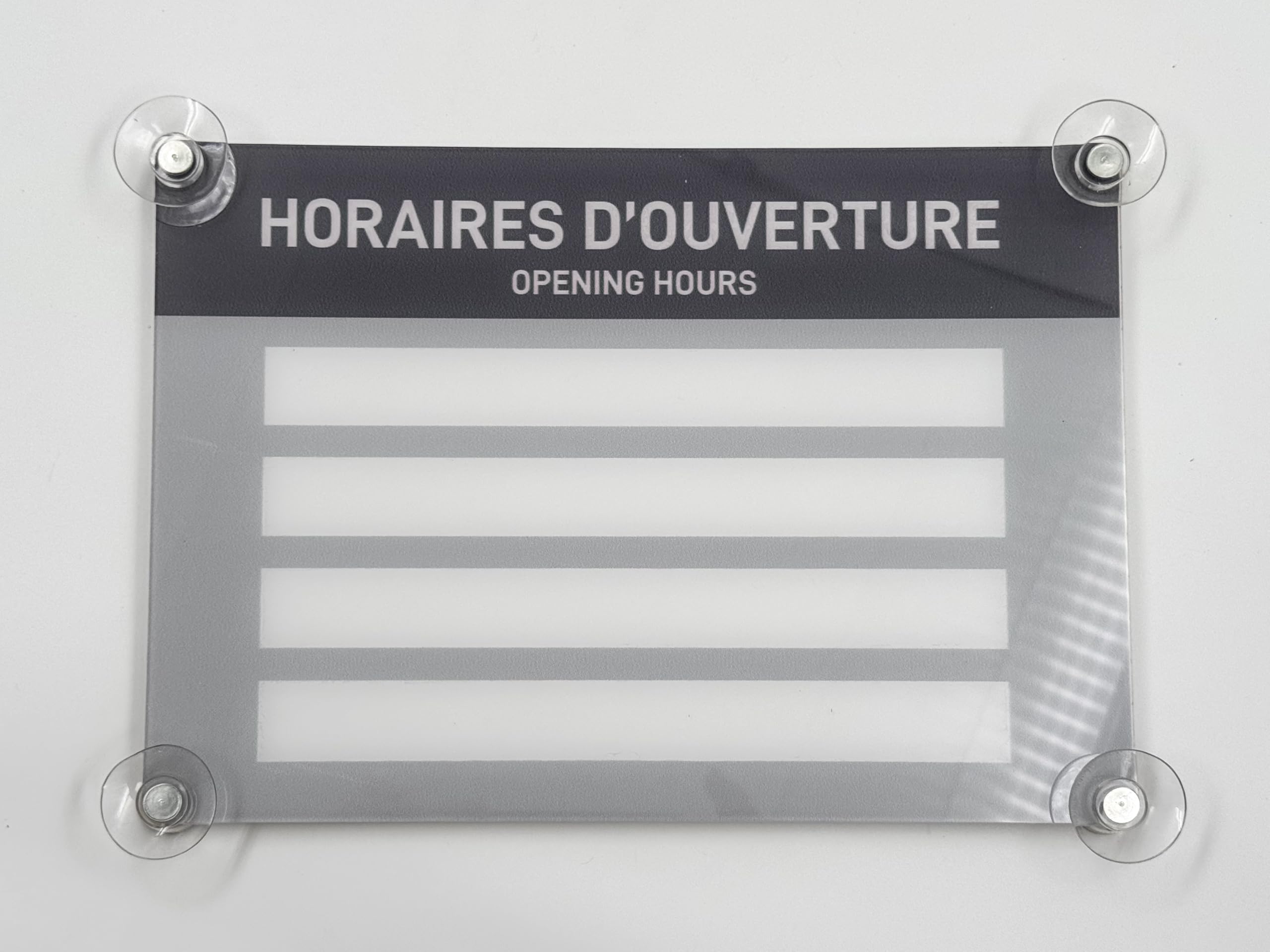codiarts - Panneau horaires d'ouverture avec ventouses - 19 x 27 cm - En verre acrylique - Plaque de fenêtre inscriptible individuellement - Pour les magasins et les bureaux en français