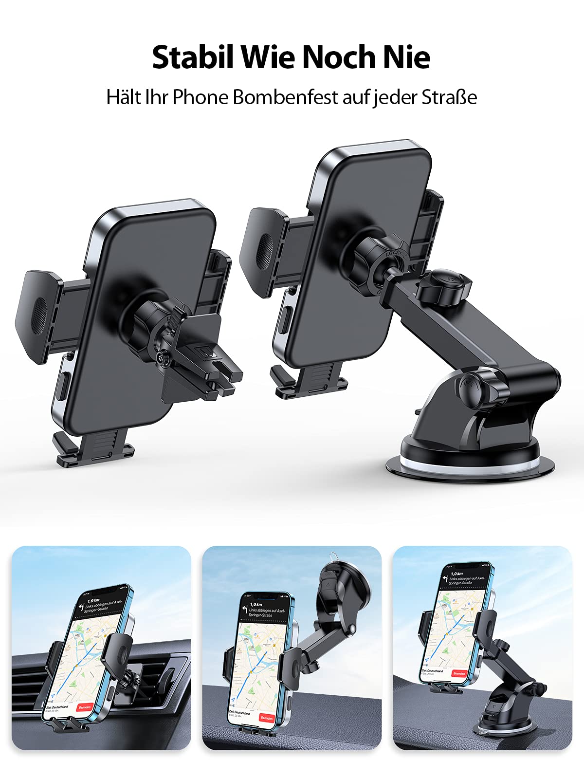 Vicseed Supporto Auto Per Cellulare 3-in-1 – Ventosa + Clip Per Griglia, Braccio Telescopico, Rotazione 360°, Universale