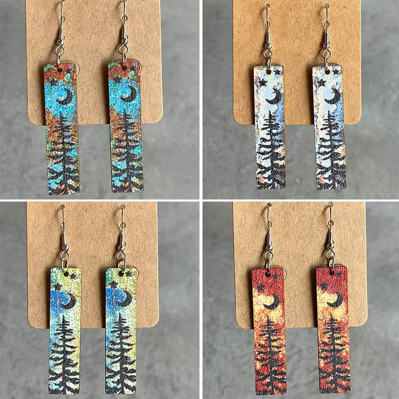 Handmade Bohemian Colorful Vintage Nature Wooden Night Forest Dangle Drop Earrings Boho Lightweight Geometric Bar Star Moon Tree Printed Wood Earring for Women Statement Jewelry Gifts2