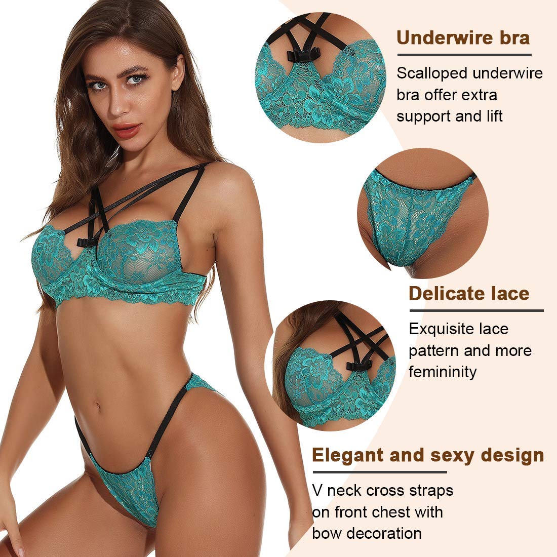 Conjuntos de Sujetador y Bragas para Mujer, 2 Piezas de Ropa Interior de Encaje con Tiras Cruzadas en el Pecho, Conjunto de Ropa de Dormir (Verde XL)