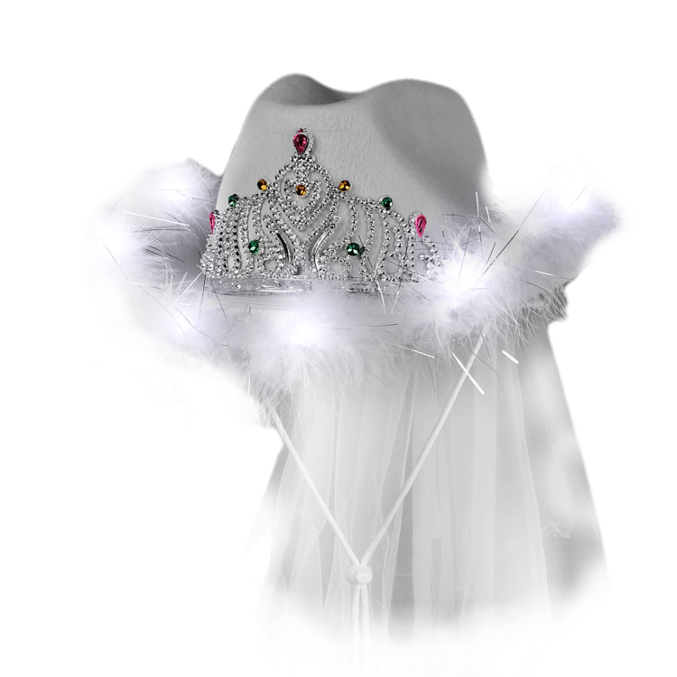 blinkee Pack of 12 Bachelorette Pink Sequin Cowboy Hat and White LED Tiara Cowgirl Cowboy Hat with Veil for Bridal Party