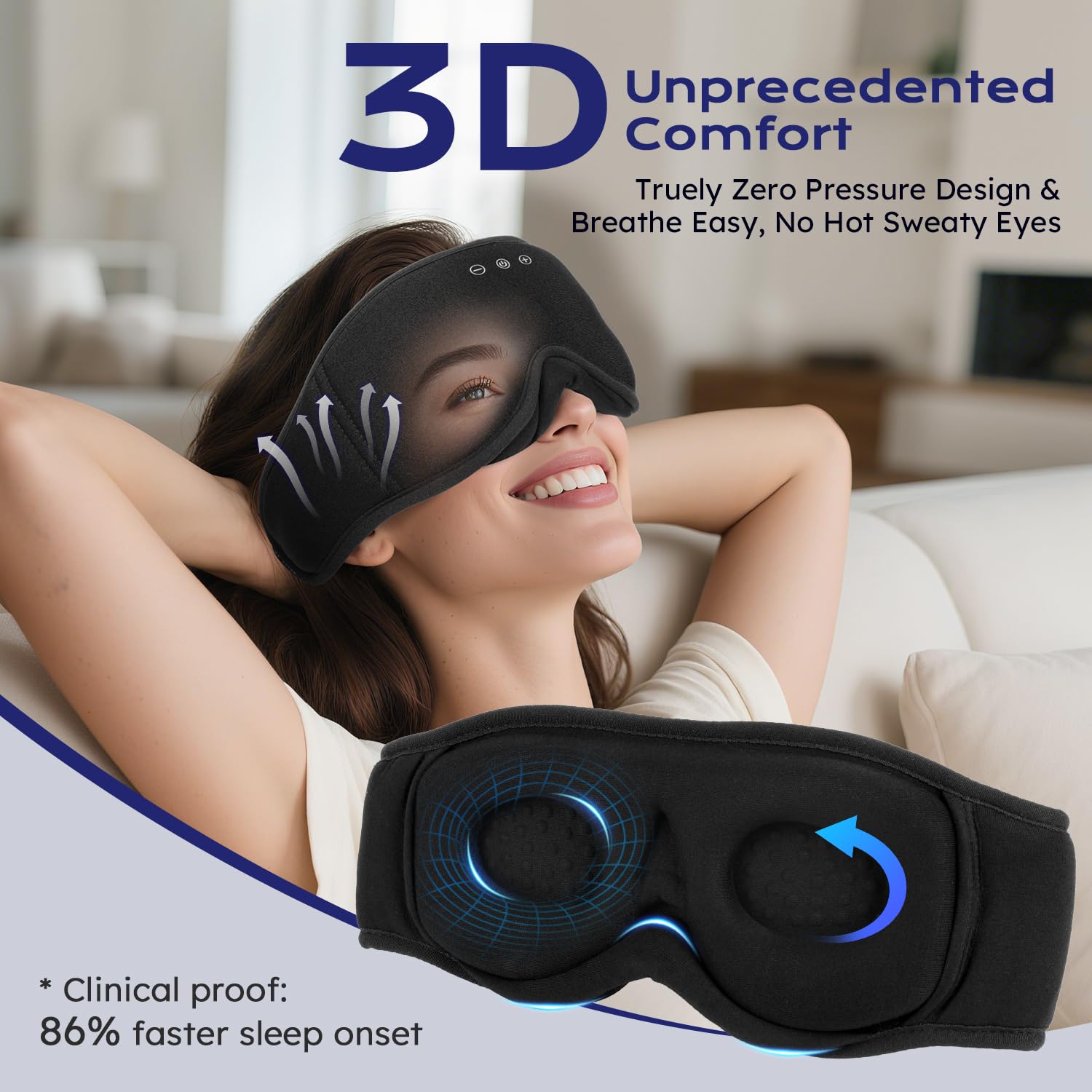 LC-dolida Mascherina per dormire Bluetooth 3D con cuffie, completamente opaca e morbida