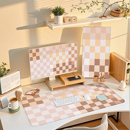 Miniatura 9 de Tapete de escritorio bohemio a cuadros, color beige, XXL, bohemio, retro, grande, con bordes cosidos, alfombrilla de mouse para computadora,