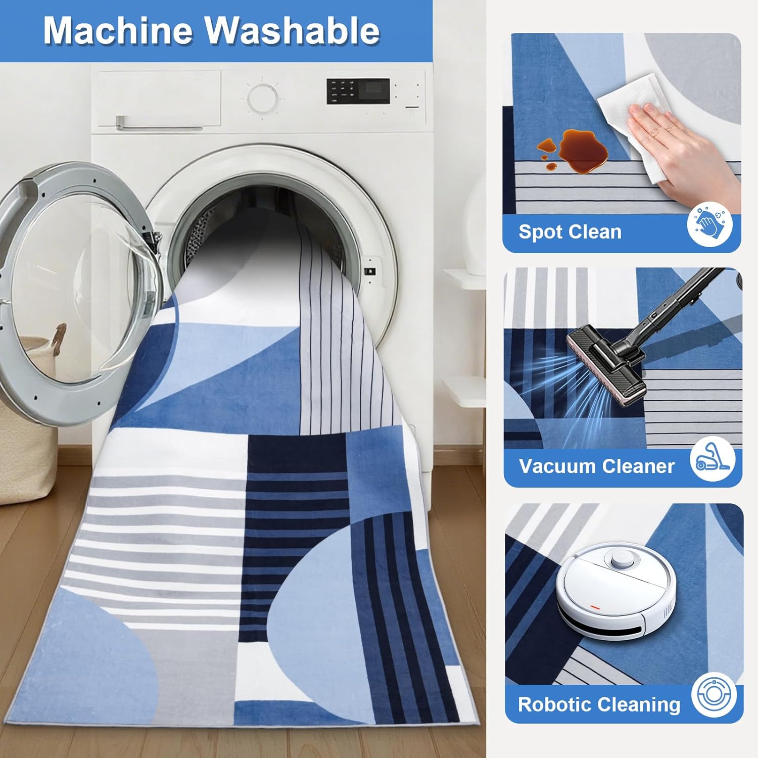 MOSISO 4x6 Washable Area Rug for Living Room, Soft Non-Slip Modern Geometry Low Pile Carpet, Printed Faux Wool Rectangular Floor Mat for Living Room Entryway Bedroom, Blue