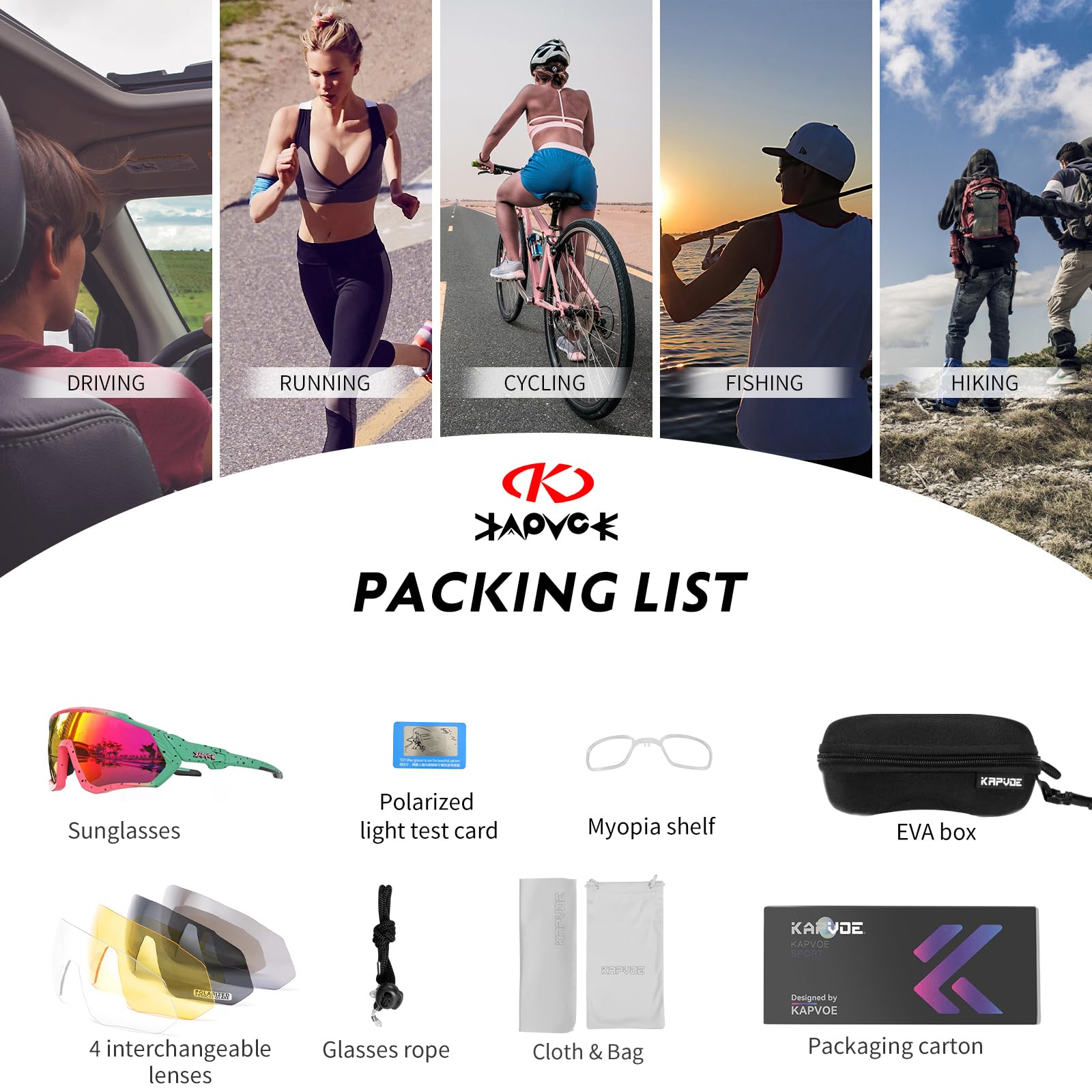KAPVOE Gafas de Ciclismo Polarizadas con 1 Lente O 5 Lentes Intercambiables TR90 Gafas de Sol Deportivas Mujeres Hombres K9408