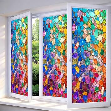 IVN Stained Glass Window Film Gemstone 17.7x39.3 inch Window Privacy Film | Stained Decals Static Cling Sun Blocking Decor for Home Office Windows Door Glass Partitions