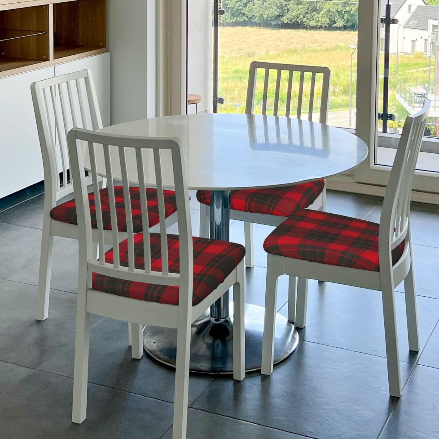 Plaid Red and Black Print Square Cushion Covers 6 Pcs Set Elastic Non-Slip Seat Cushion Slipcovers Pet Furniture Protectors for Chair, Sofa