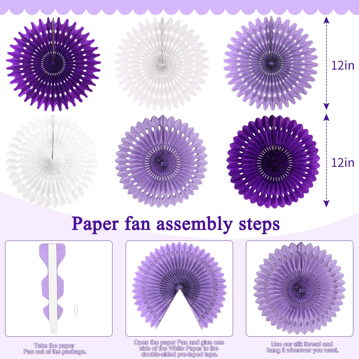 Purple Paper Fans - Party Decorations -3 Purple Paper Fans - Party Decorations -3
