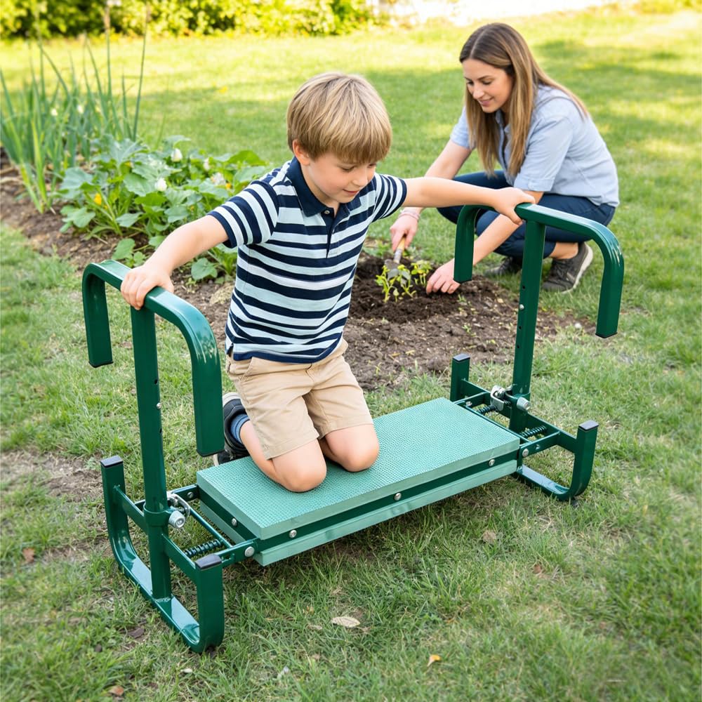 Banc de Genou de Tabouret de Jardin Pliable,Tabouret Genoux Jardin en Hauteur 60x52x27cm,Tabouret à Genoux de Jardinage avec Aide à se Relever,Sac à Outils,Tapis en Mousse Eva,pour le Camping,la Pêche