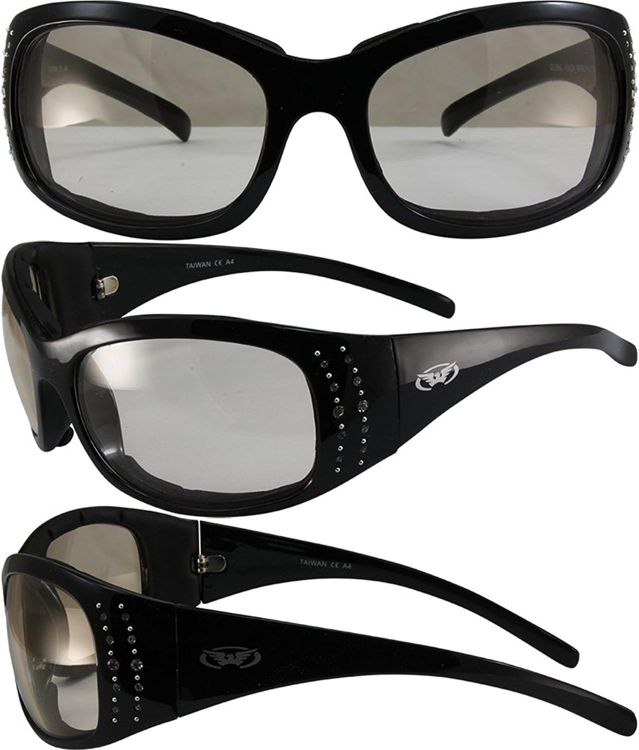 Global Vision Marilyn Motorcycle Sunglasses Bling Rhinestone Black Frames Clear to Smoke Lens