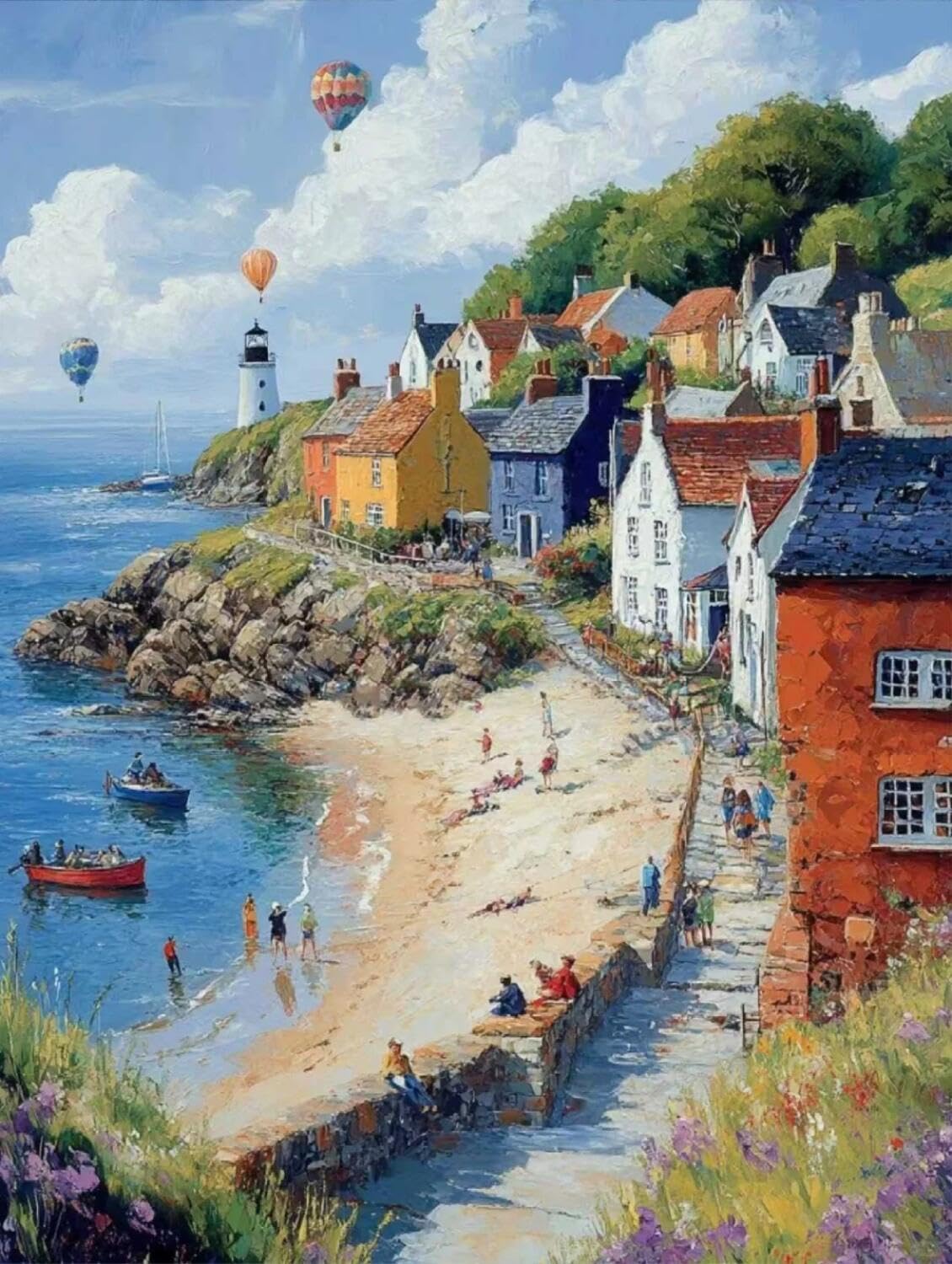 Rqwybcaxn Bead Embroidery Kits Seaside Fishing Village 40x50cm