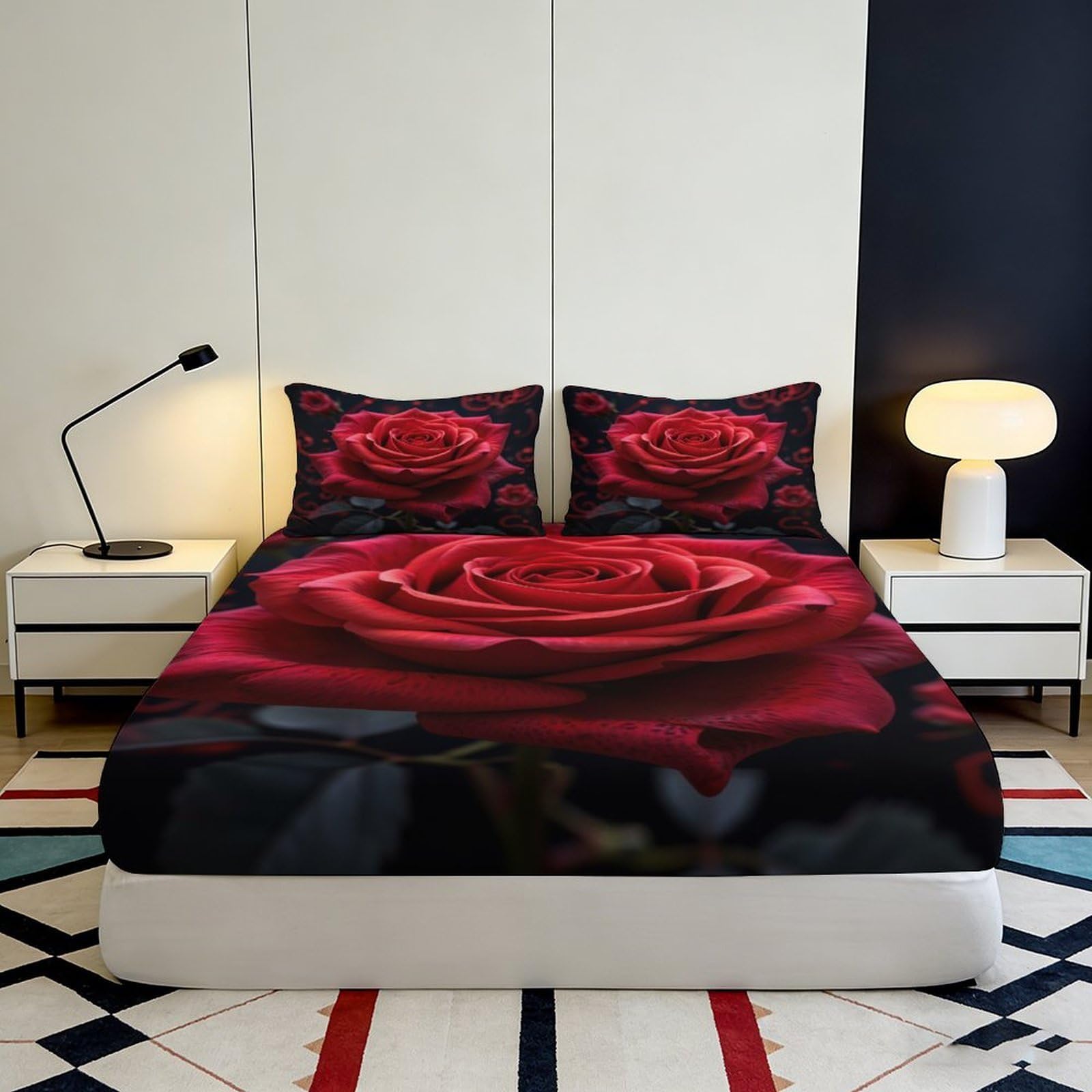 Lenzuolo con angoli con stampa 3D di rose, in microfibra, antiscivolo, decorazione per la casa | morbido, protezione per materasso, facile da pulire, per tutto l'anno, traspirante, lavabile, 160 x 200 x 25 cm