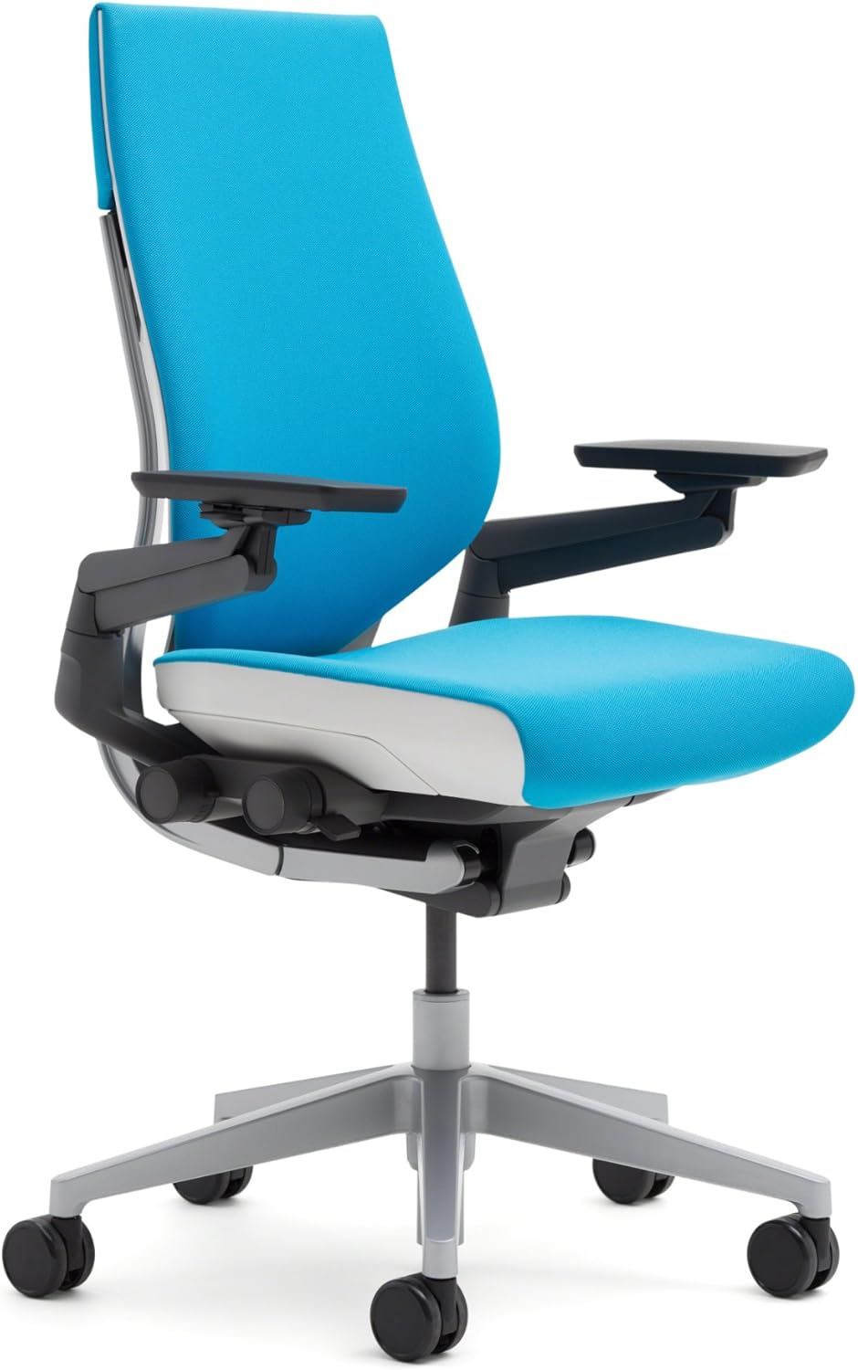 Steelcase Gesture Office Chair - Cogent Connect Blue Jay Upholstered Wrapped Back Black Frame Low Seat Black Seat/Back/Arms Hard Floor Caster Wheels