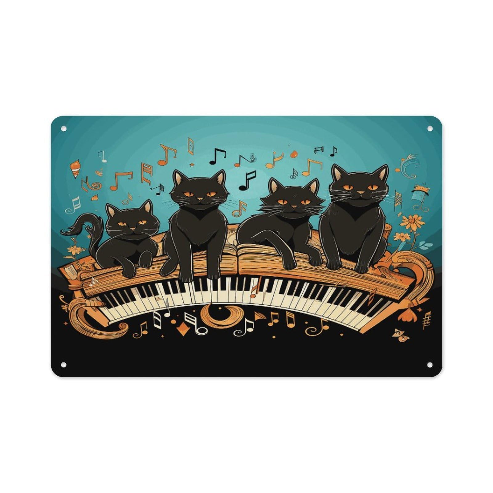 Fekiloot Style Four Black Cats Lying On The Piano Keyboard Wall Decor-Aluminum Painting,Tin Sign For Vintage Decoration,Wall Sign For Bathroom Living Room Kitchen Home Farm Farmhouse 11.8 * 7.9 Inch
