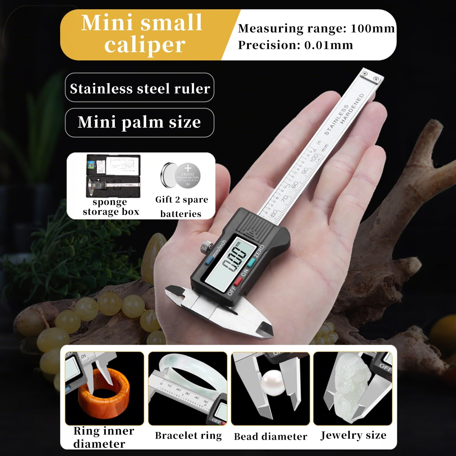 Mini calibro digitale da 100 mm, calibro a corsoio tascabile di precisione da 0,01 mm, per anelli, bracciali, gioielli, acciaio inossidabile, display LCD, a batteria, ideale per fai da te e piccole