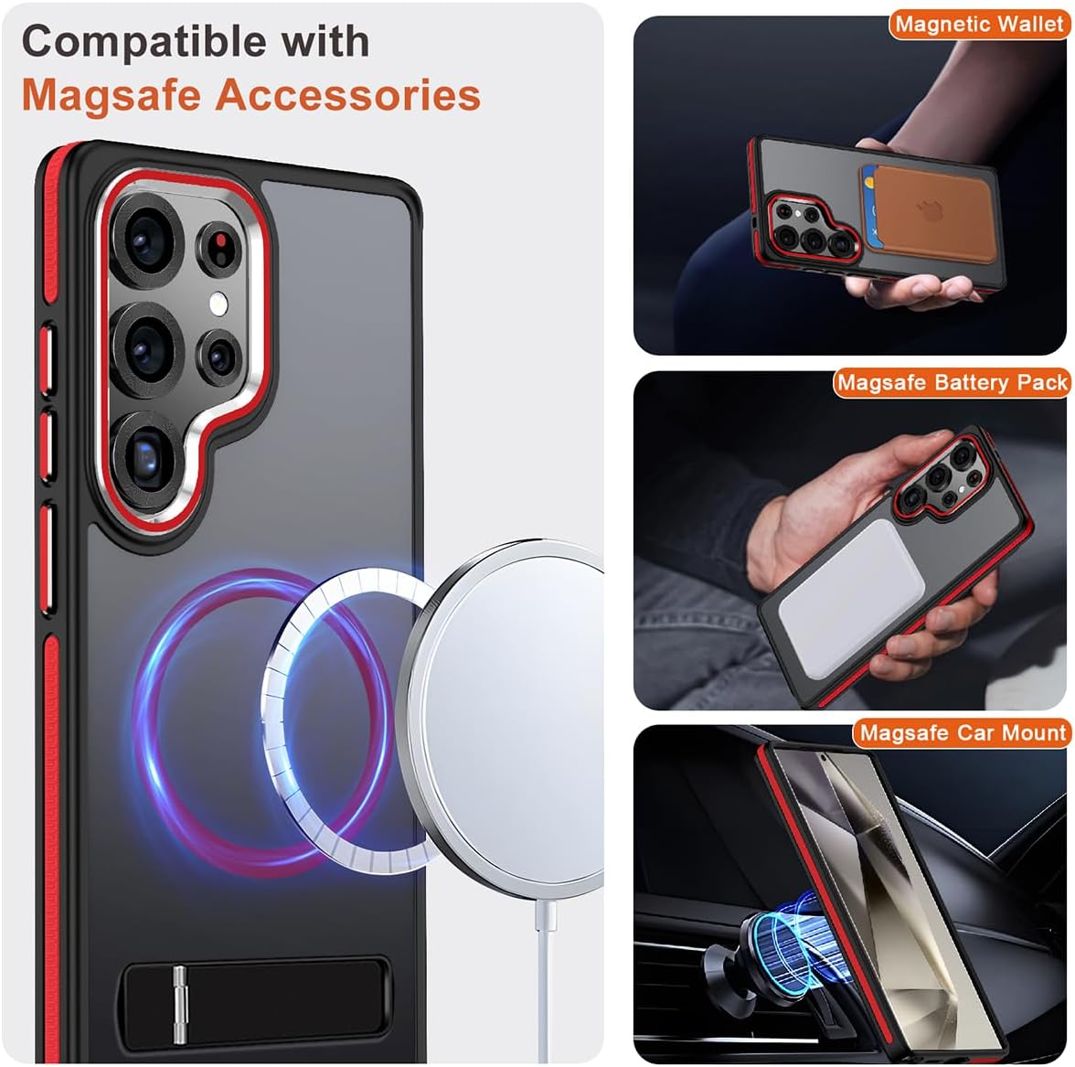 for Samsung Galaxy S25 Ultra Case, Shockproof S25 Ultra Phone Case with Kickstand, Anti-Skid Case Fits for Magsafe, Camera Frame with Raised Protection for Galaxy S25 Ultra Cover (Black/Red) - Image 2