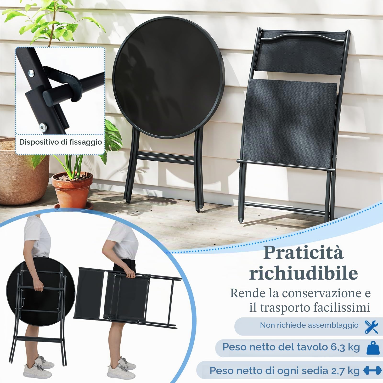 GIANTEX Set da Bistrot Pieghevole 3 Pezzi, 1 Tavolo e 2 Sedie Salvaspazio, Mobili da Esterno in Resistente Materiale, Ideale per Balcone, Terrazza e Giardino