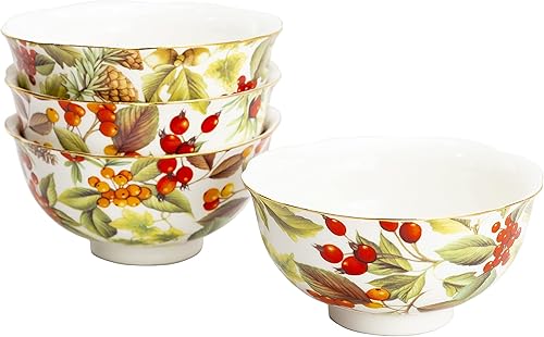 Pine Cone Berries - Cuenco festoneado de porcelana para caramelosnueces (juego de 4), marrón rojo, 8 onzas