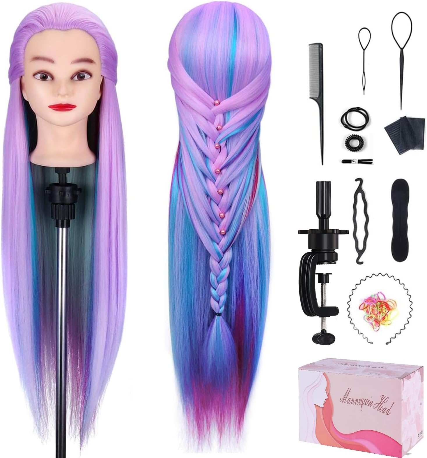 Beauty Star Mannequin Head, 28" Hair Cosmetology Mannequin Head Hair Practice Cosmetology Hair Doll Heads Styling Hairdressing Training Braiding Heads with Clamp Holder and Tools-Colorful