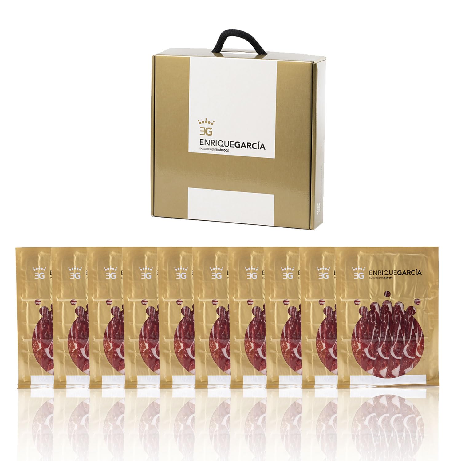 ENRIQUE GARCÍA - Jamón de Cebo Ibérico 75% Raza Ibérica, 10 Sobres Envasados al Vacío de 100 g Aprox. Acabado plástico. Caja regalo de cartón. Corte a máquina.