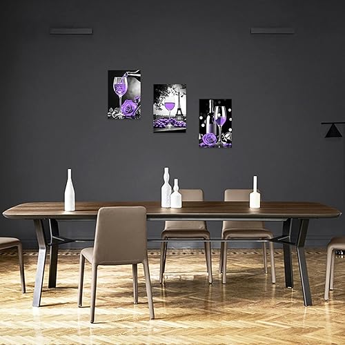 Miniatura 5 de DOARTDO 3 piezas de arte de pared de vino blanco y negro con pintura de cocina morada, impresiones de rosas de vino, torre Eiffel, lienzo, cuadros,