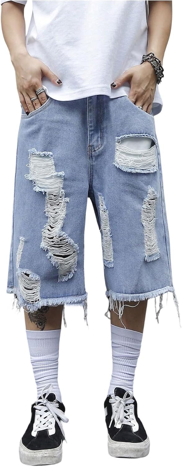 MakeMeChic Men's Ripped Jean Shorts Distressed Trim Wide Leg Hip Hop Y2K Cargo Summer Denim Jorts