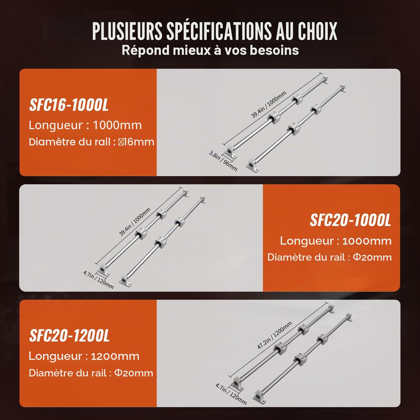 VEVOR Ensemble de rails de guidage linéaire, SFC20 1200 mm, 2 rails de guidage SFC20 39,4 po/1000 mm, 4 blocs coulissants SC20, 4 supports de rail, rails linéaires et kit de roulements pour machines a