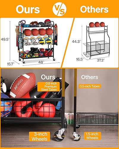 Miniatura 7 de Organizador de equipo deportivo de garaje, contenedor de almacenamiento de bolas rodantes con ruedas, estante de equipo deportivo de garaje para