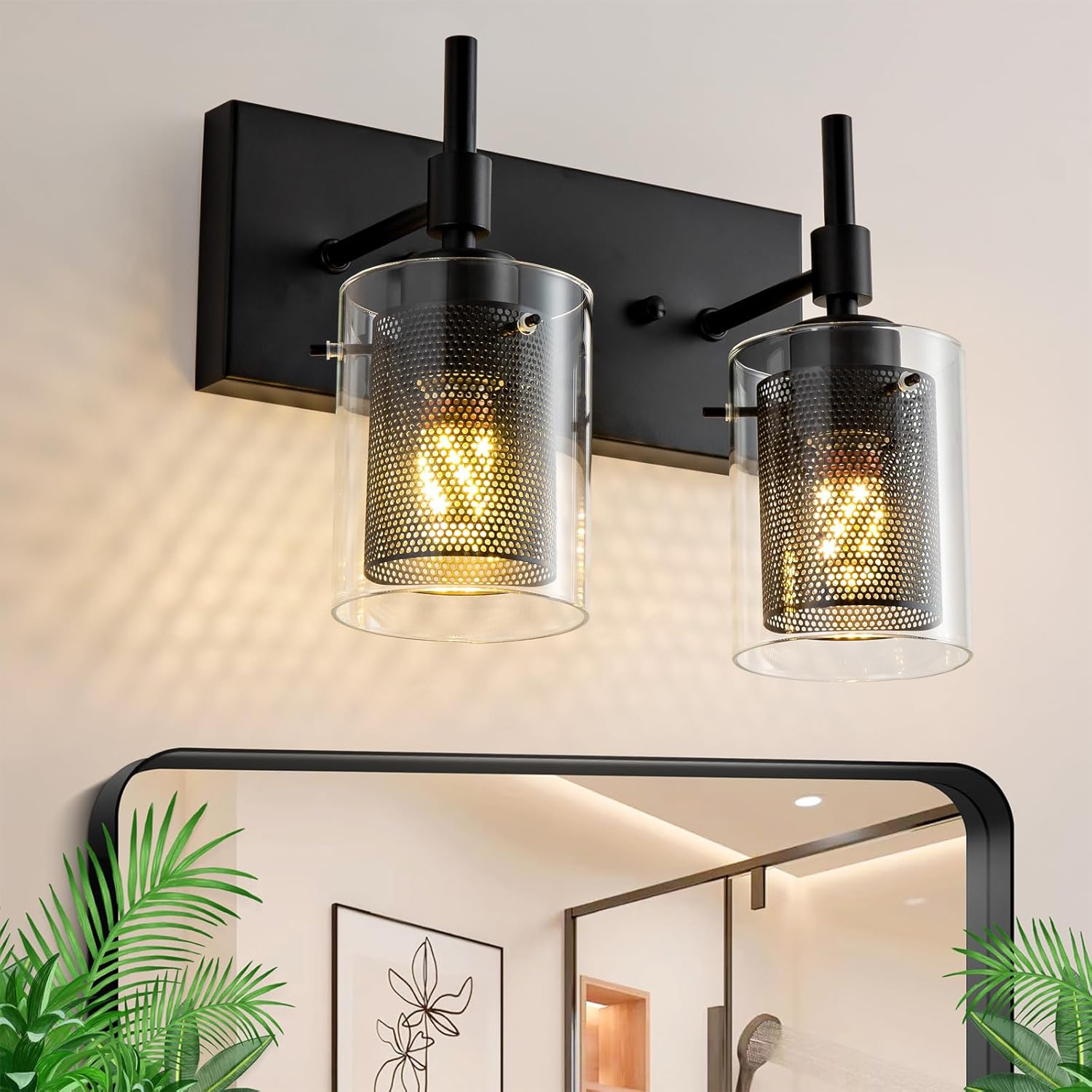 12 Inch Black Bathroom Light Fixture, 2-Light Modern Vanity Light Over Mirror, Bathroom Wall Sconces for Mirror Living Room Bedroom Hallway, 2 Tier Lampshade, E26 Socket