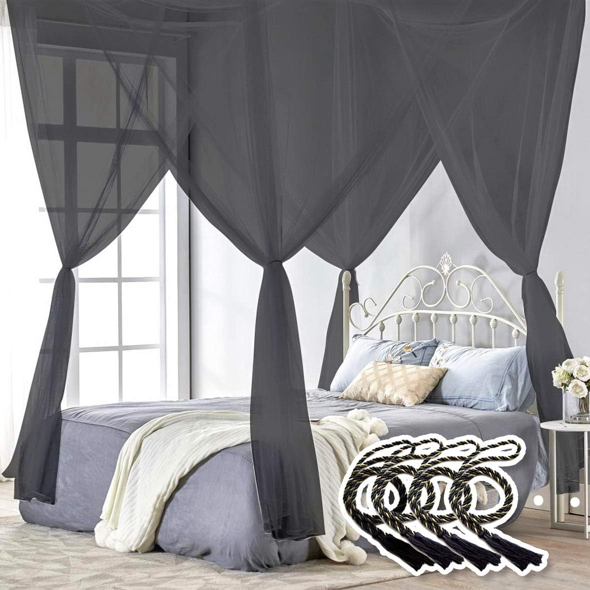 TRUEDAYS Four Corner Post Bed Canopy, Full/Queen/King Size, Black