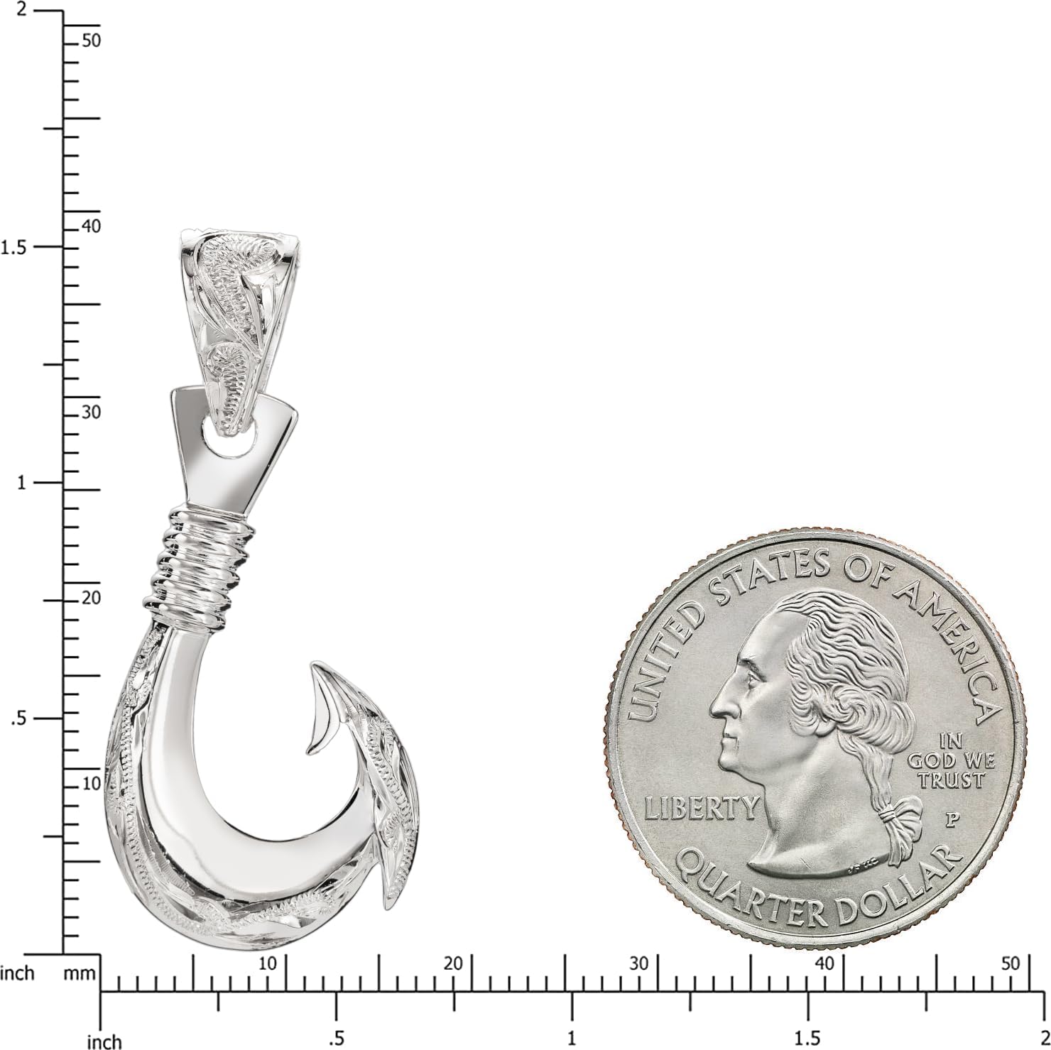 925 Sterling Silver Rhodium Plated Hawaiian Fishhook Angle Necklace Pendant, Nickel Free Hypoallergenic for Sensitive Skin, Heirloom Scroll, with 18” Box Chain and Gift Box