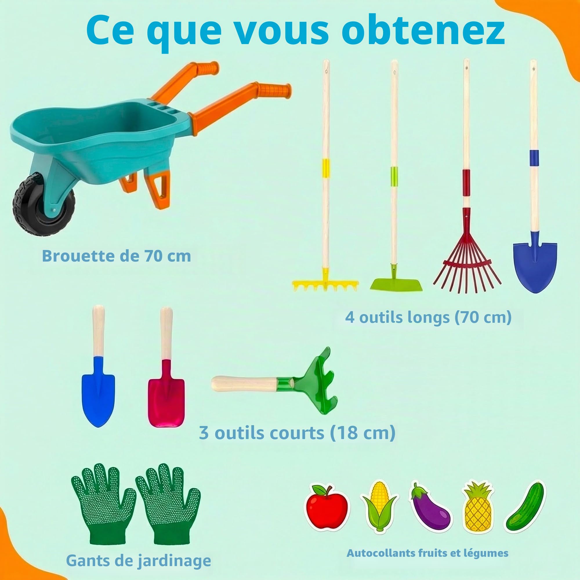 LATERN D'outils de Jardinage pour Enfants, 70CM Brouette avec 70CM Métal Pelle Râteau Houoche Râteau à Feuille 20CM Pelle Râteau Gants Éducatif Jouet pour L'extérieur Jardin Cour Pelouse Creuser Jouer