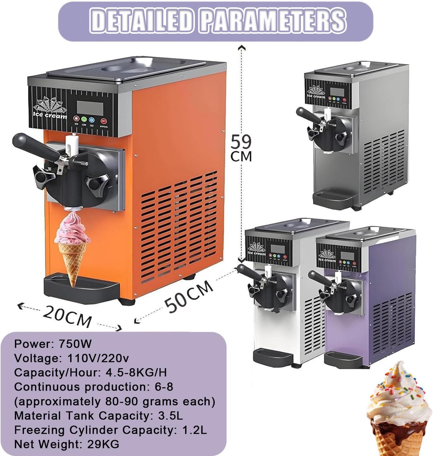 Soft Serve Ice Cream Machine for cofe,Countertop Soft Serve Ice Cream Maker,4-5 Kg/H Yield,With Pre-Cooling,Auto Clean,for ice cream stores, parties, cafes, bars Orange