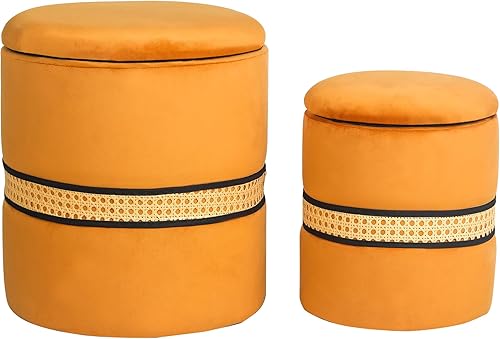 Miniatura 10 de Joveco Juego de 2 otomanas redondas de almacenamiento, reposapiés tapizado, asiento de mesa auxiliar con banda de metal para sala de estar y
