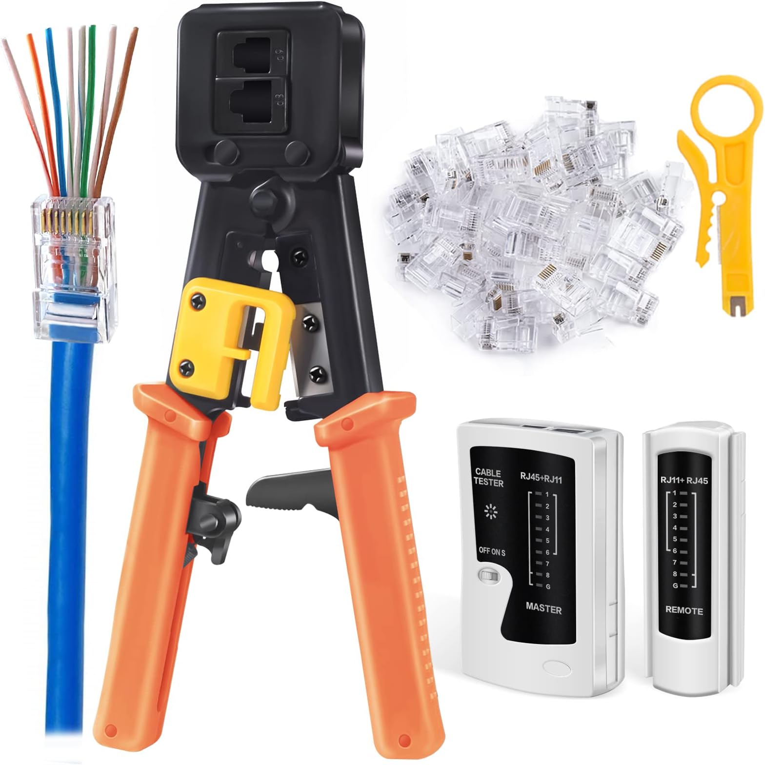 PETECHTOOL RJ45 Crimp Tool Set - Orange - RJ45/RJ12 Crimping Tool with 50PCS Cat6 Connectors, RJ45 Cable Tester & Mini Wire Stripper