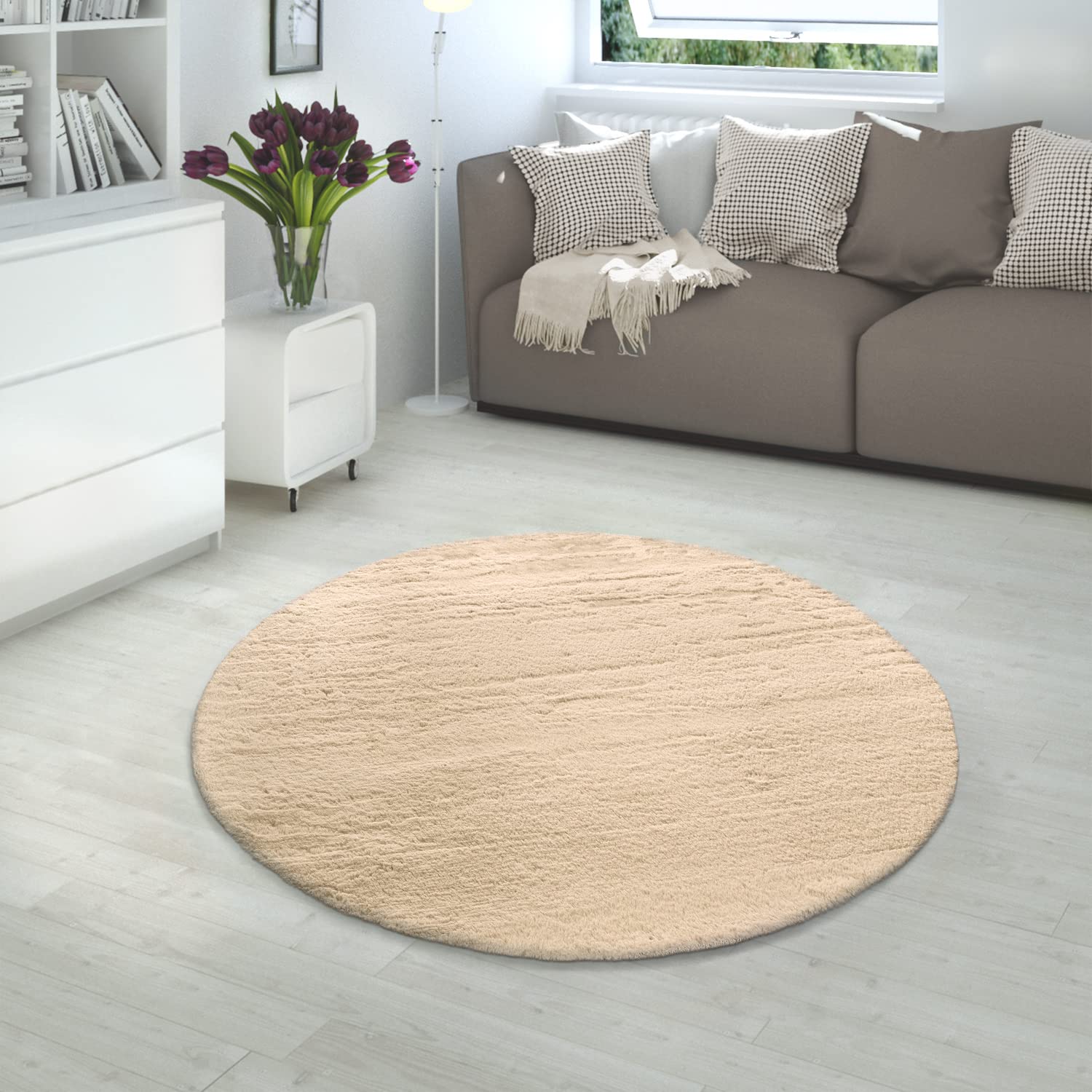 Paco Home Hochflor Teppich Wohnzimmer Schlafzimmer Shaggy Modern Flauschiger Fellteppich Weich Fell Imitat Kunstfell Einfarbig, Grösse:Ø 200 cm Rund, Farbe:Sand